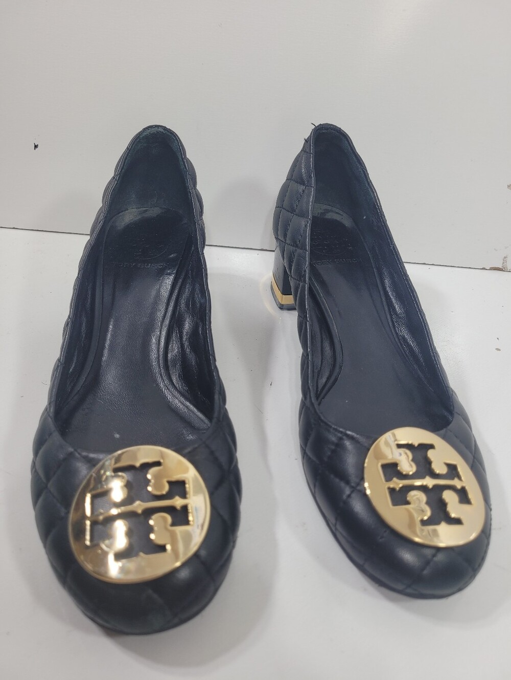 Tory Burch Chelsea Quilted Black Leather Block Heel Pumps Shoes Size 8.5 M AS IS